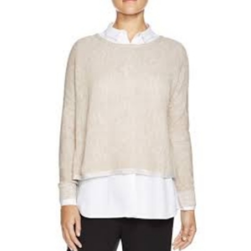 Eileen Fisher Cotton Linen Blend Long Sleeve Top Cream Beige Small